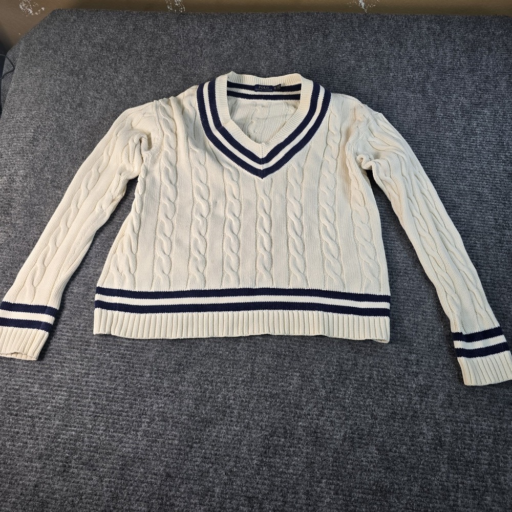 Polo Ralph Lauren Women XL Cricket Sweater Cream Cable Knit Cotton V-Neck